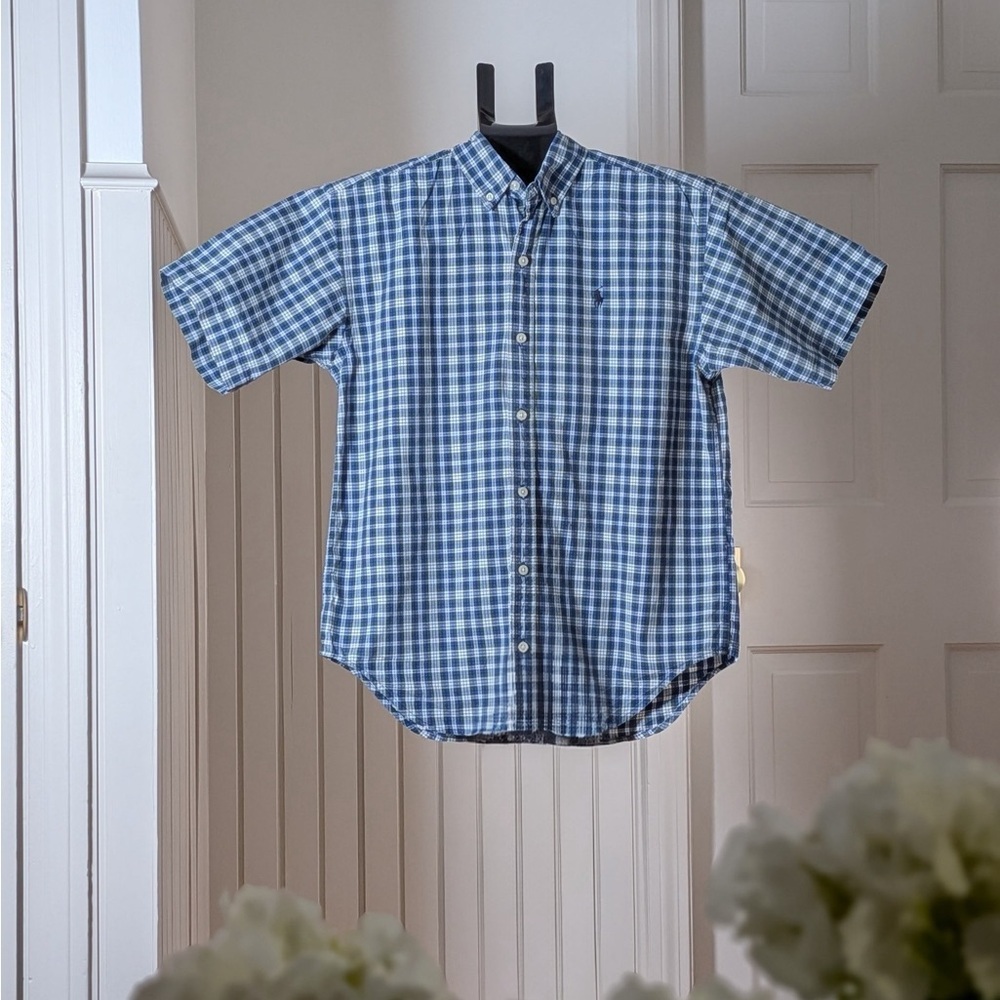 Ralph Lauren Men’s Blue Green Plaid Short Sleeve Button Down Shirt L